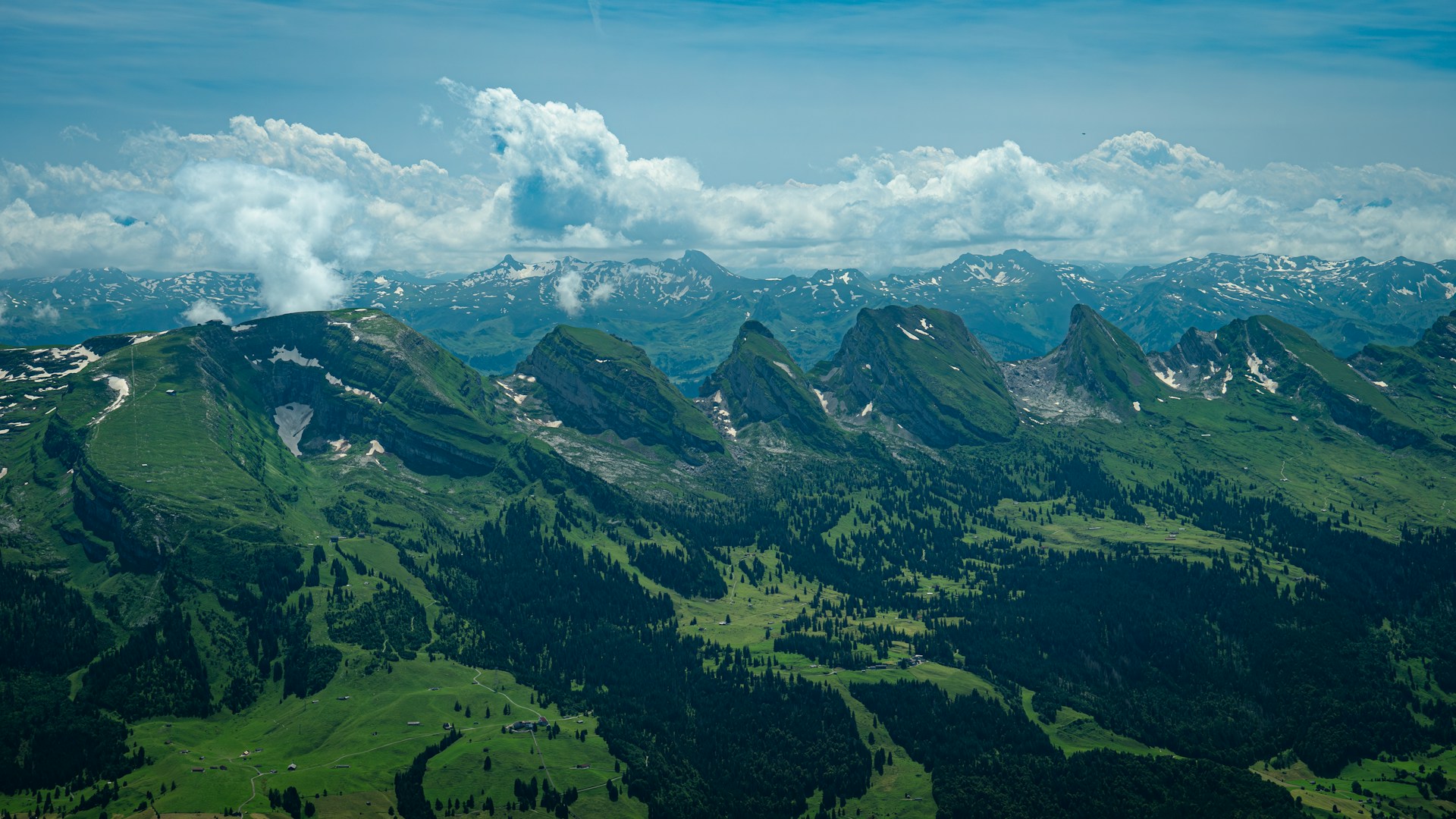 A view of a mountain range from an airplane