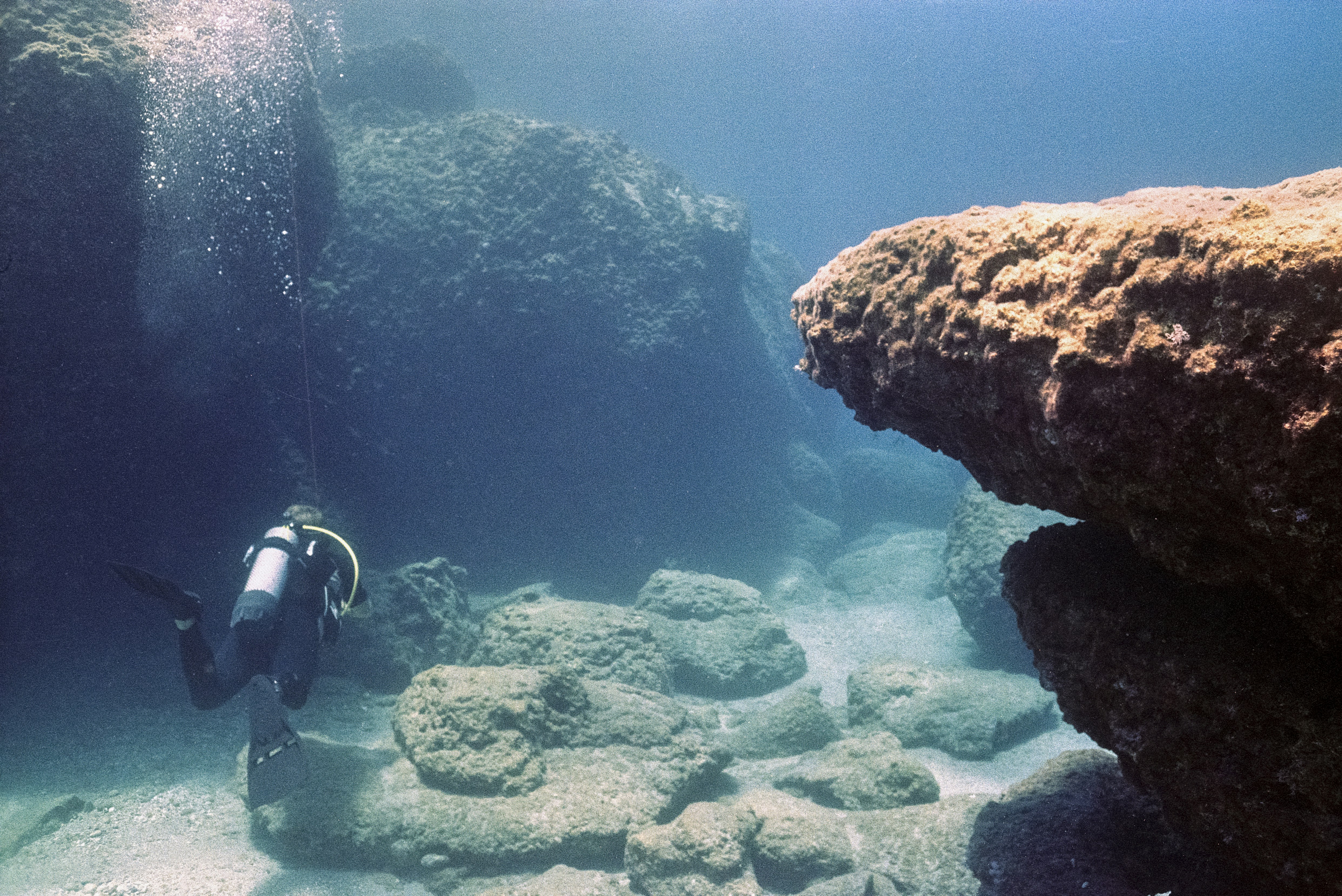 A diver carefully works on a coral restoration structure underwater.