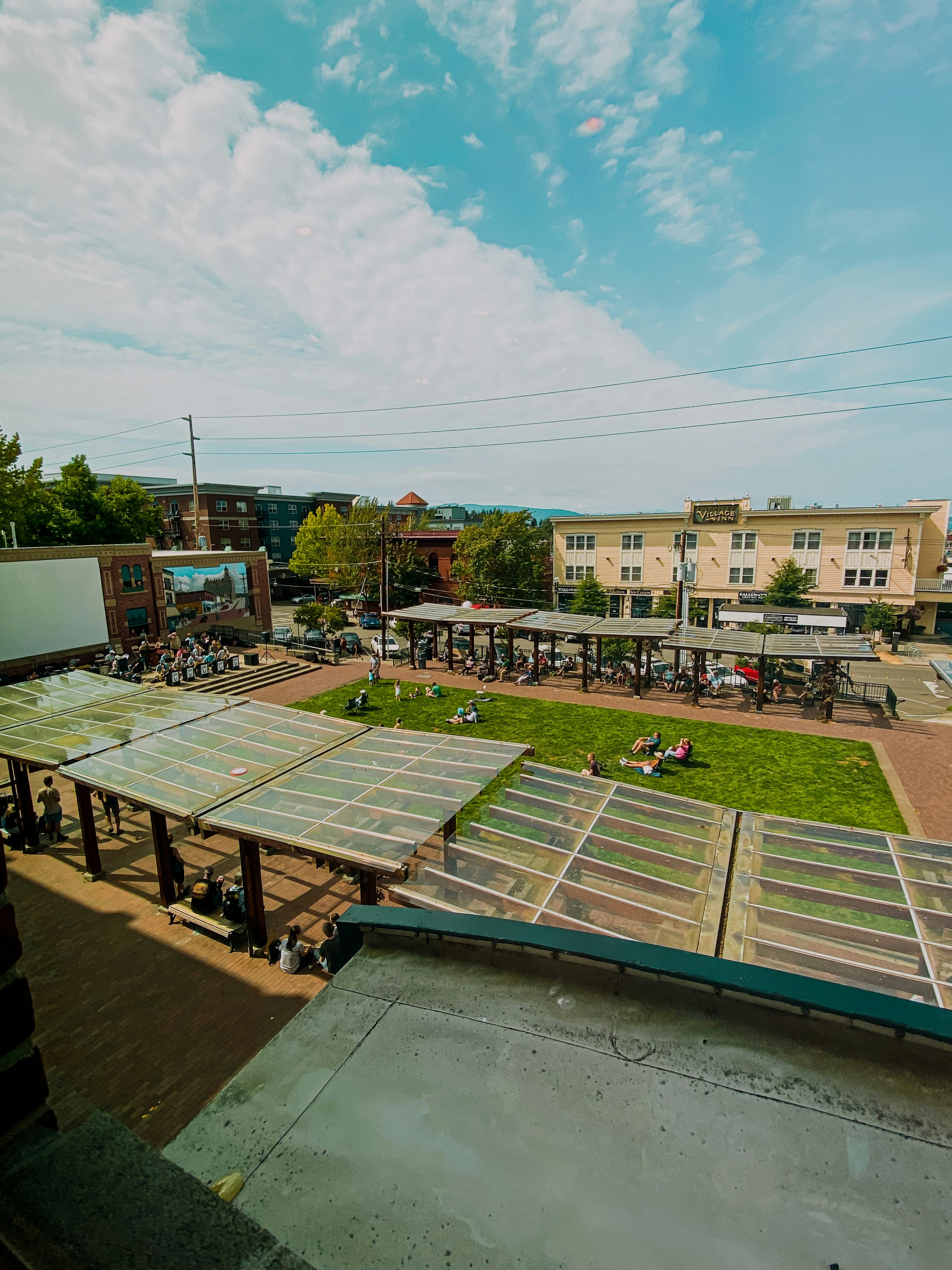 A view of a parking lot from a roof