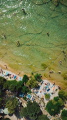 An aerial view of people swimming in the water