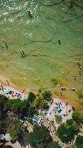 An aerial view of people swimming in the water