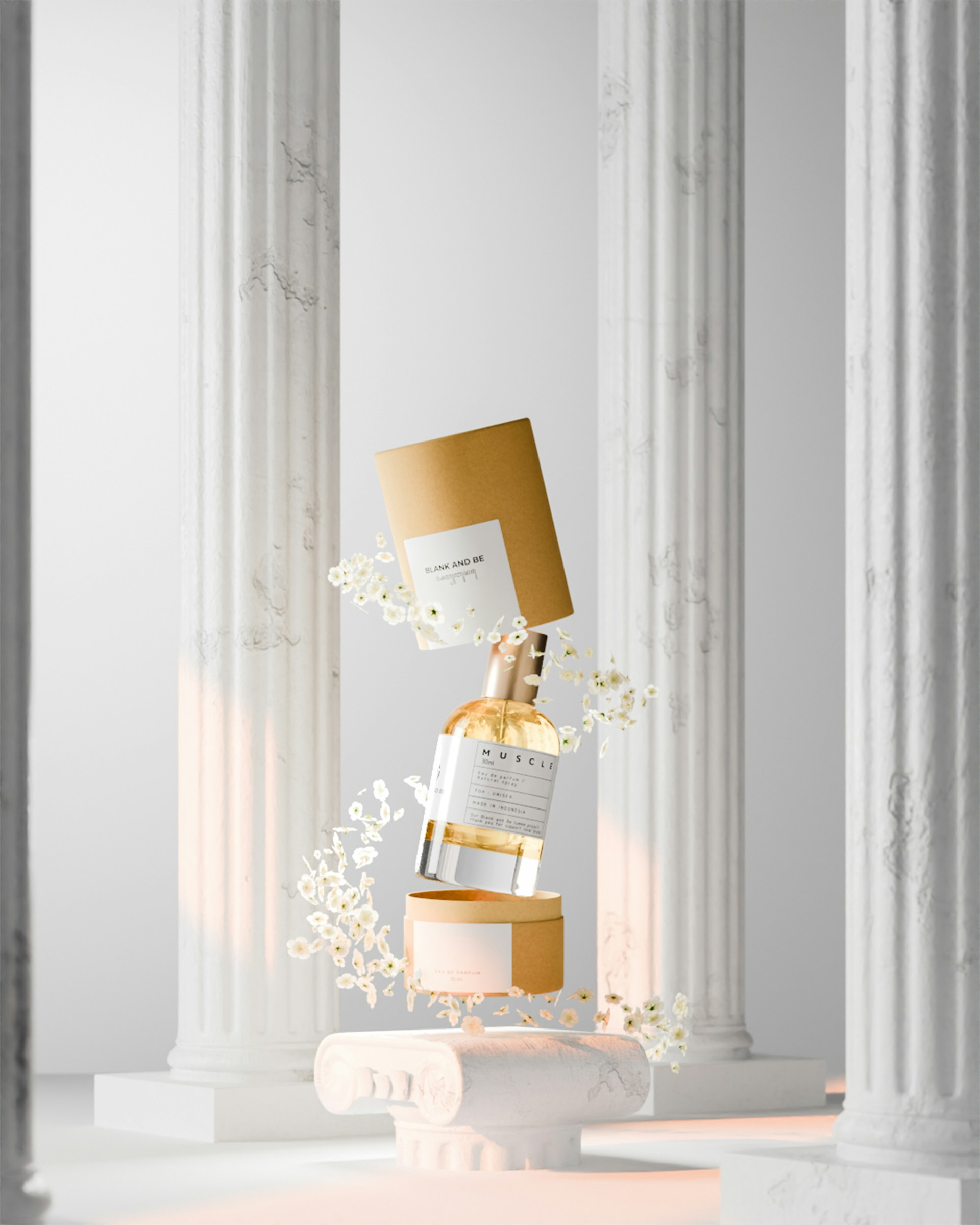 A bottle of perfume on a pedestal with columns in the background
