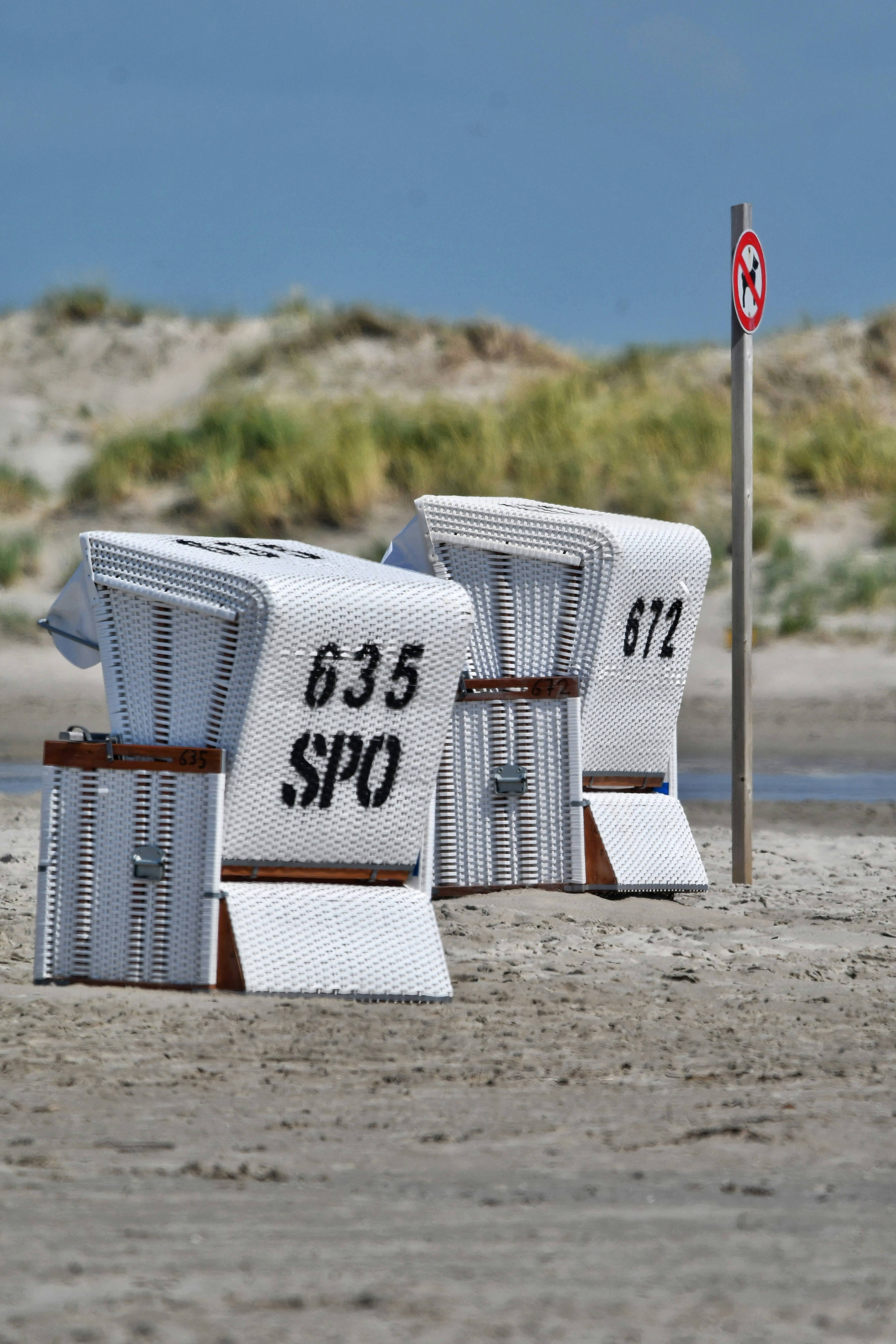 A row of white beach chairs sitting on top of a sandy beach