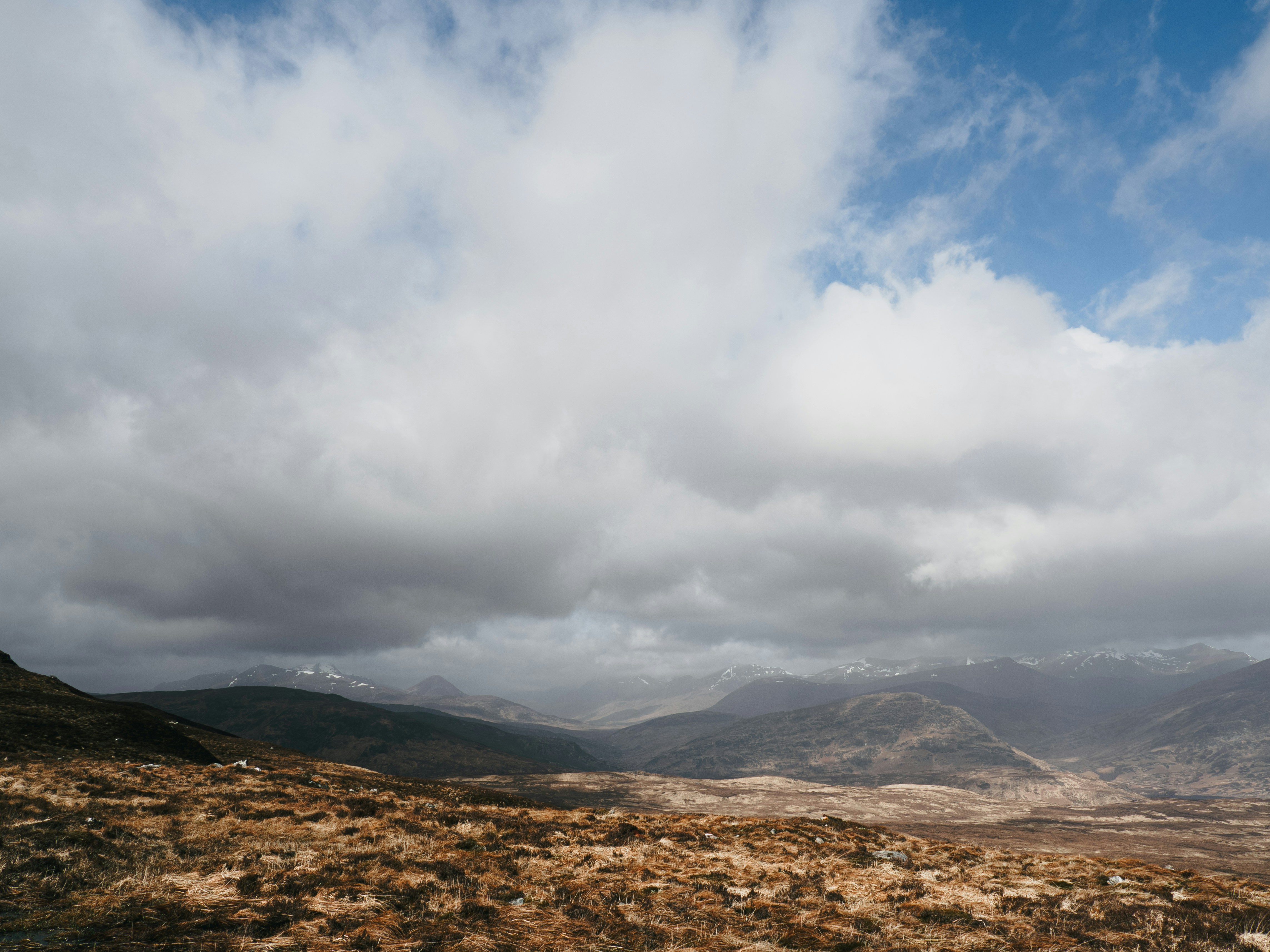 A view of a field with mountains in the background