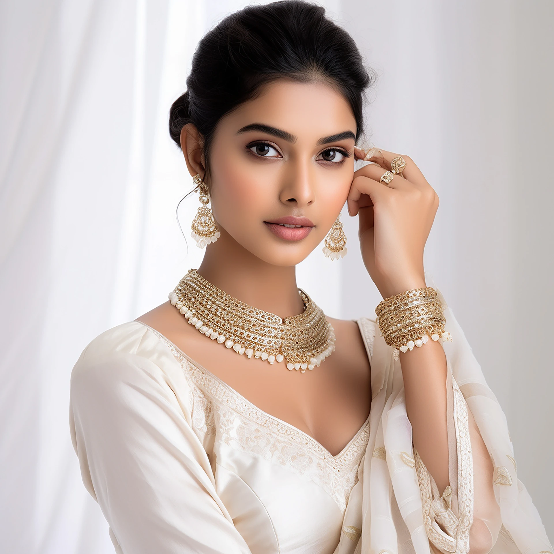 A beautiful woman in a white dress posing for a picture