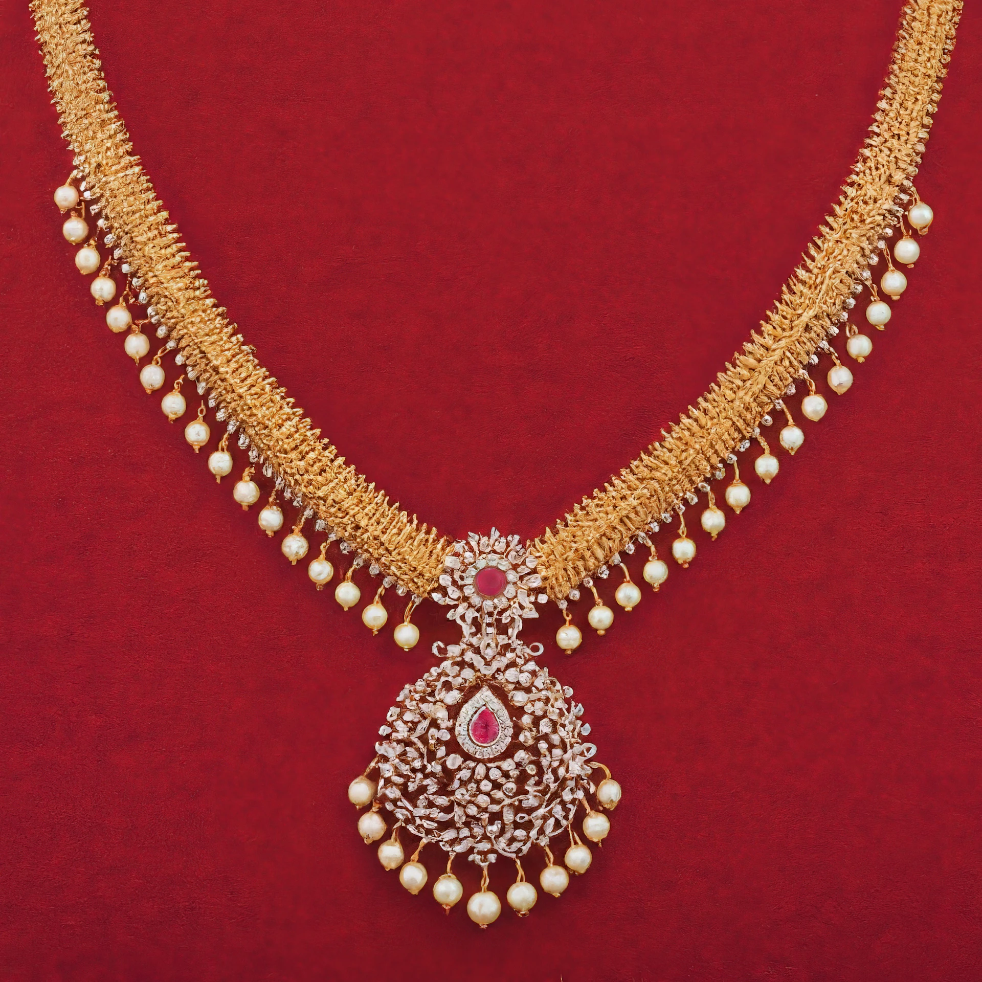 Gold necklace with pearls on red background