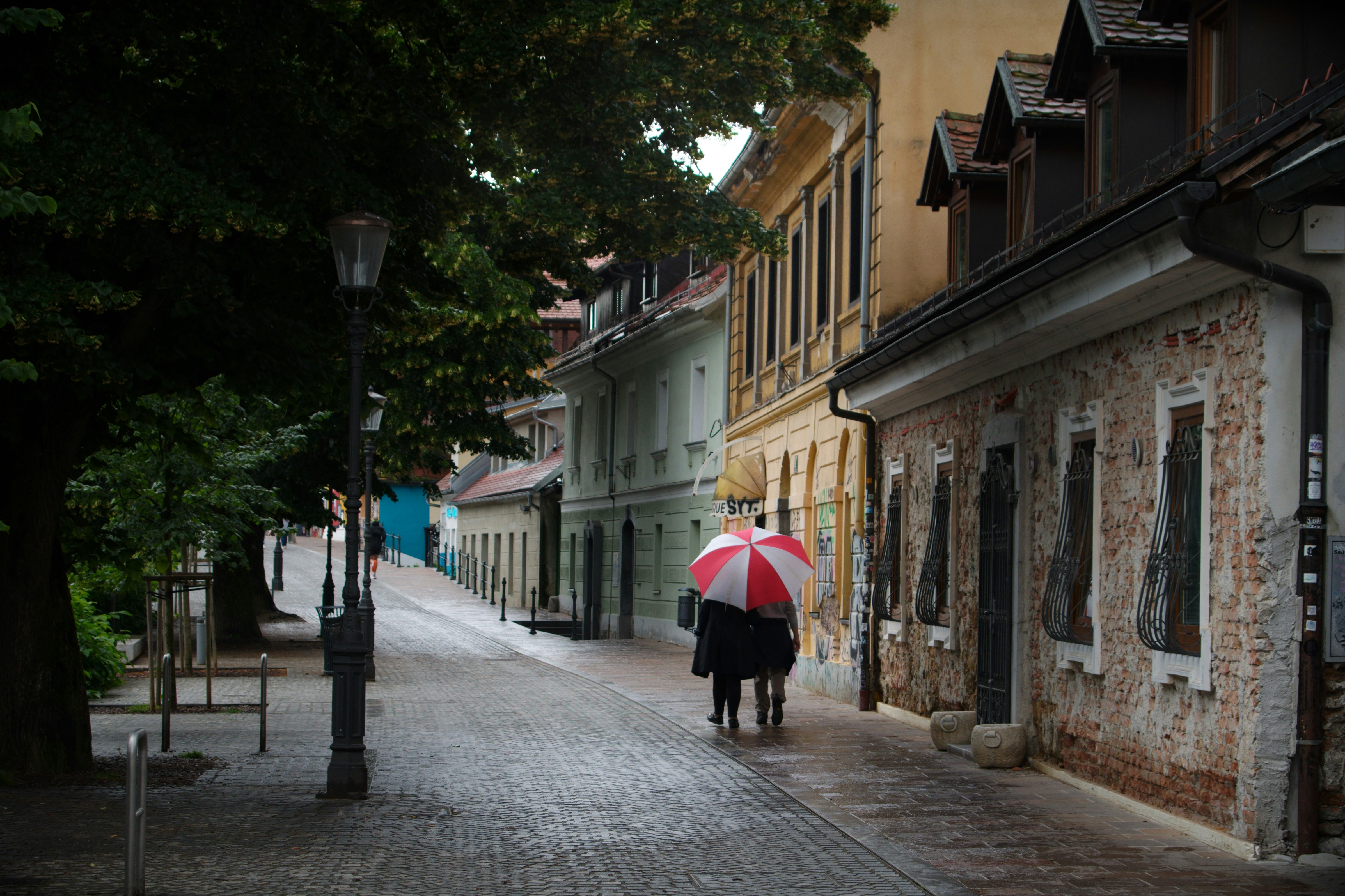 A couple of people walking down a street holding umbrellas