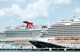 A cruise ship docked at a pier with another ship in the background