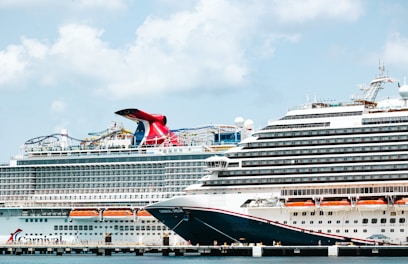 A cruise ship docked at a pier with another ship in the background