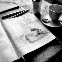 A table with a design, cup of coffee and a sketch book on it