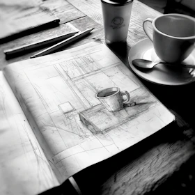 A table with a cup of coffee and a book on it