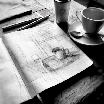 A table with a design, cup of coffee and a sketch book on it
