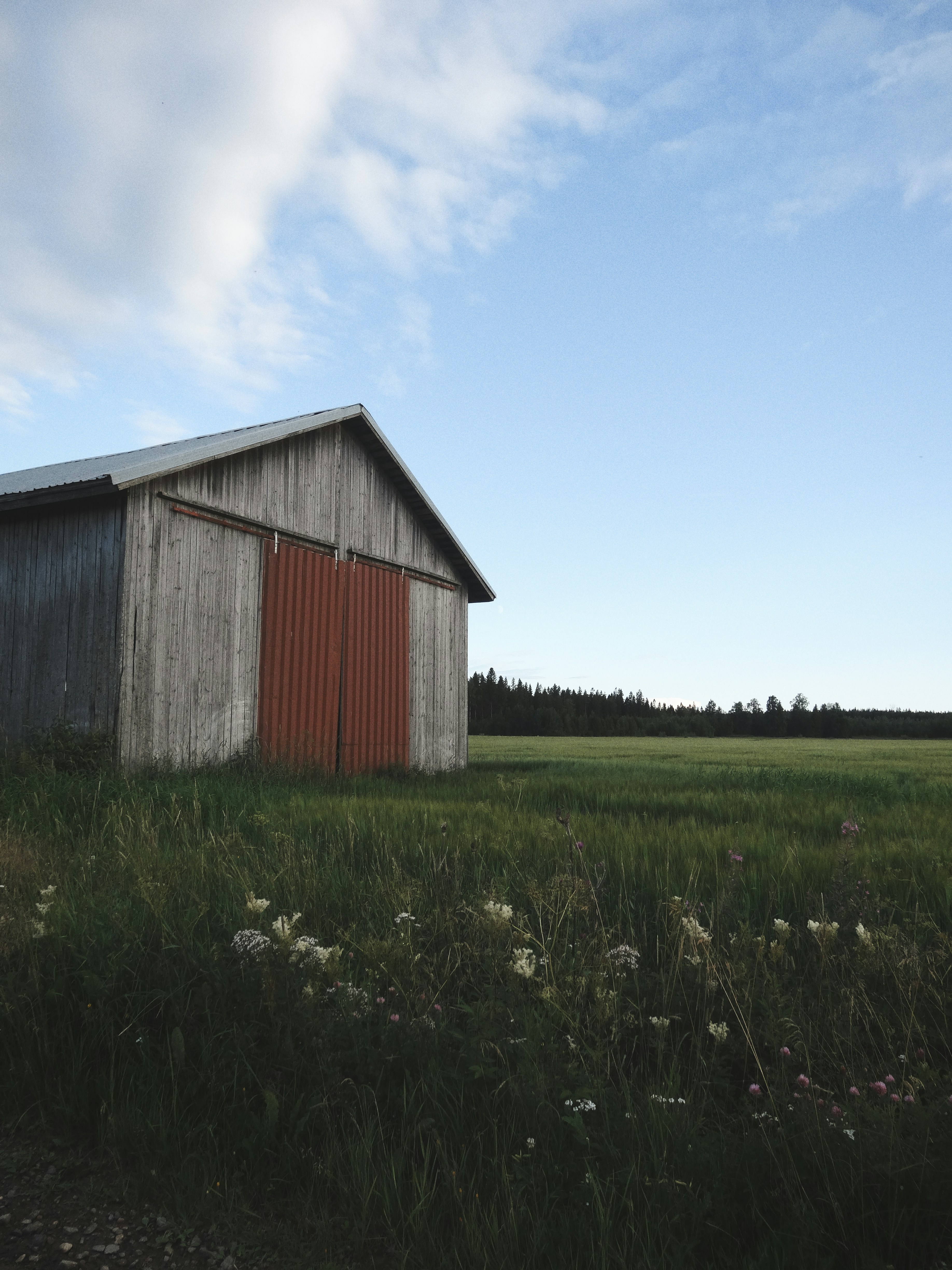 A barn in a field with a sky background