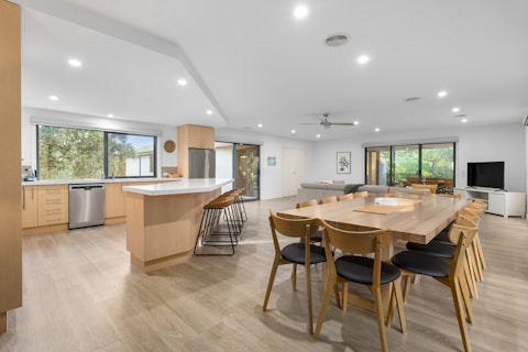 A large open kitchen and dining room area