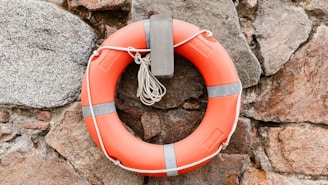 A life preserver hanging on a rock wall