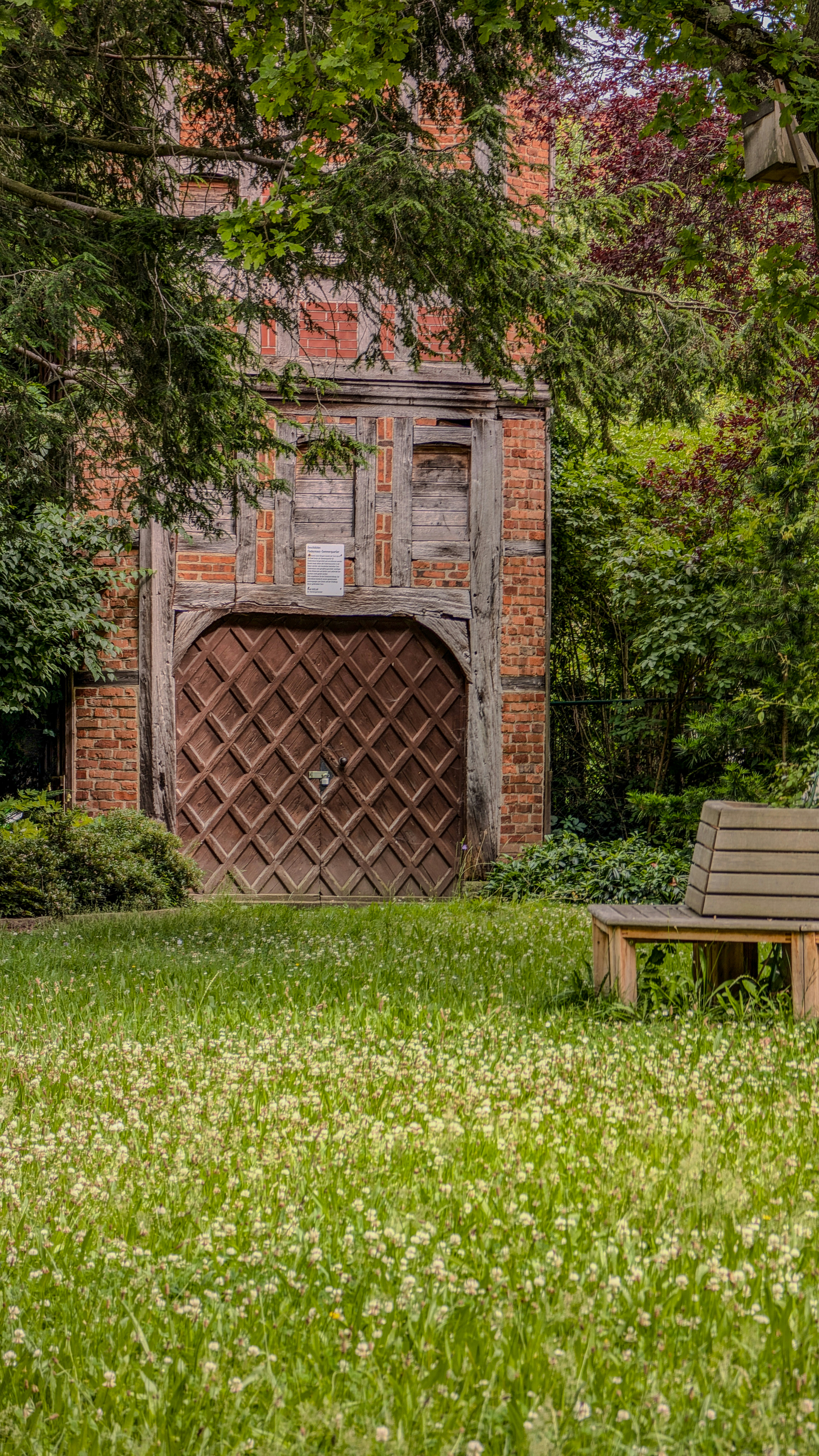Um banco de madeira sentado no meio de um parque verde exuberante