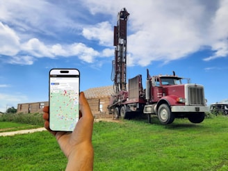 A person holding a cell phone in front of a drilling rig