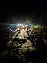 A couple of people standing on a dirt road at night
