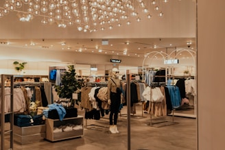 A store filled with lots of clothing and a chandelier