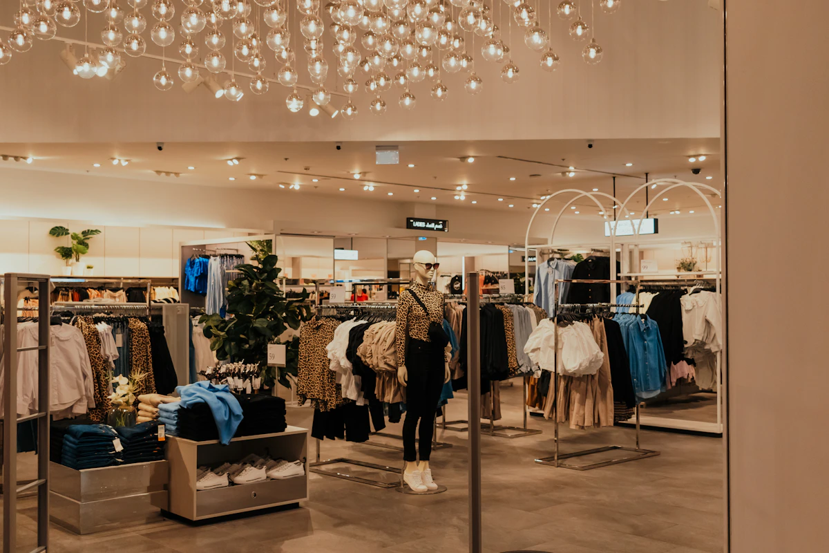 Fashion store with carefully arranged clothing racks and a central merchandise display