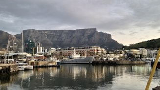 A harbor filled with boats under a cloudy sky at table mountain