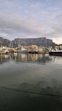 A body of water with a mountain in the background