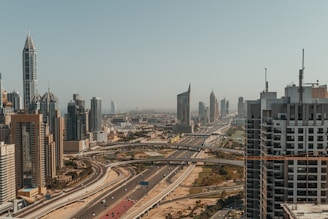 An aerial view of a city with high rise buildings