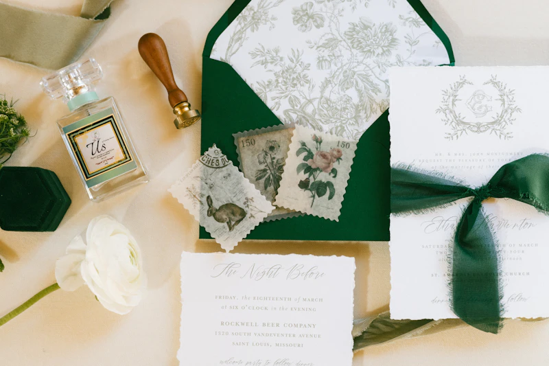 Wedding invitation envelopes, stamps, and stationery laid out on a flat surface