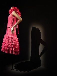 A mannequin in a pink dress and a shadow of a woman