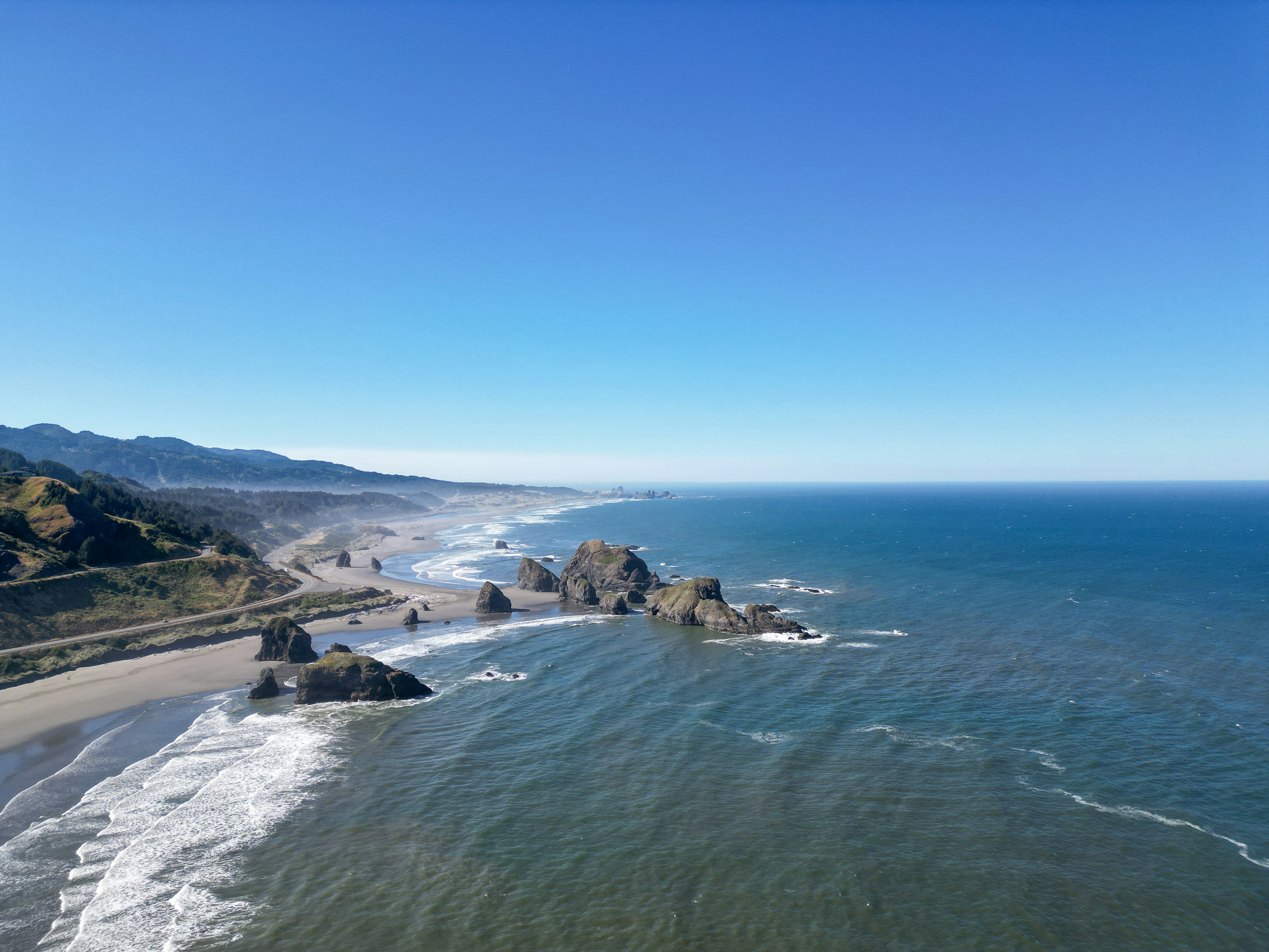 An aerial view of a beach and ocean