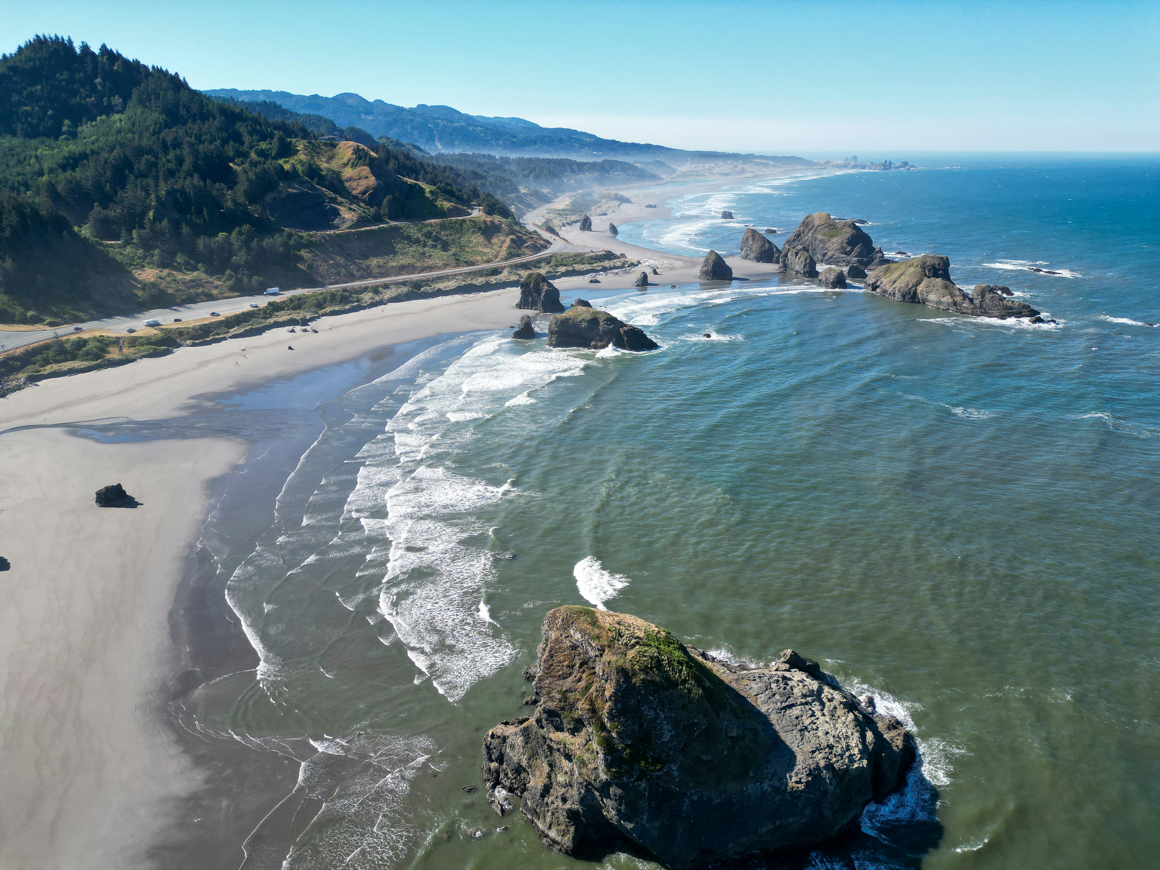 An aerial view of a beach and ocean