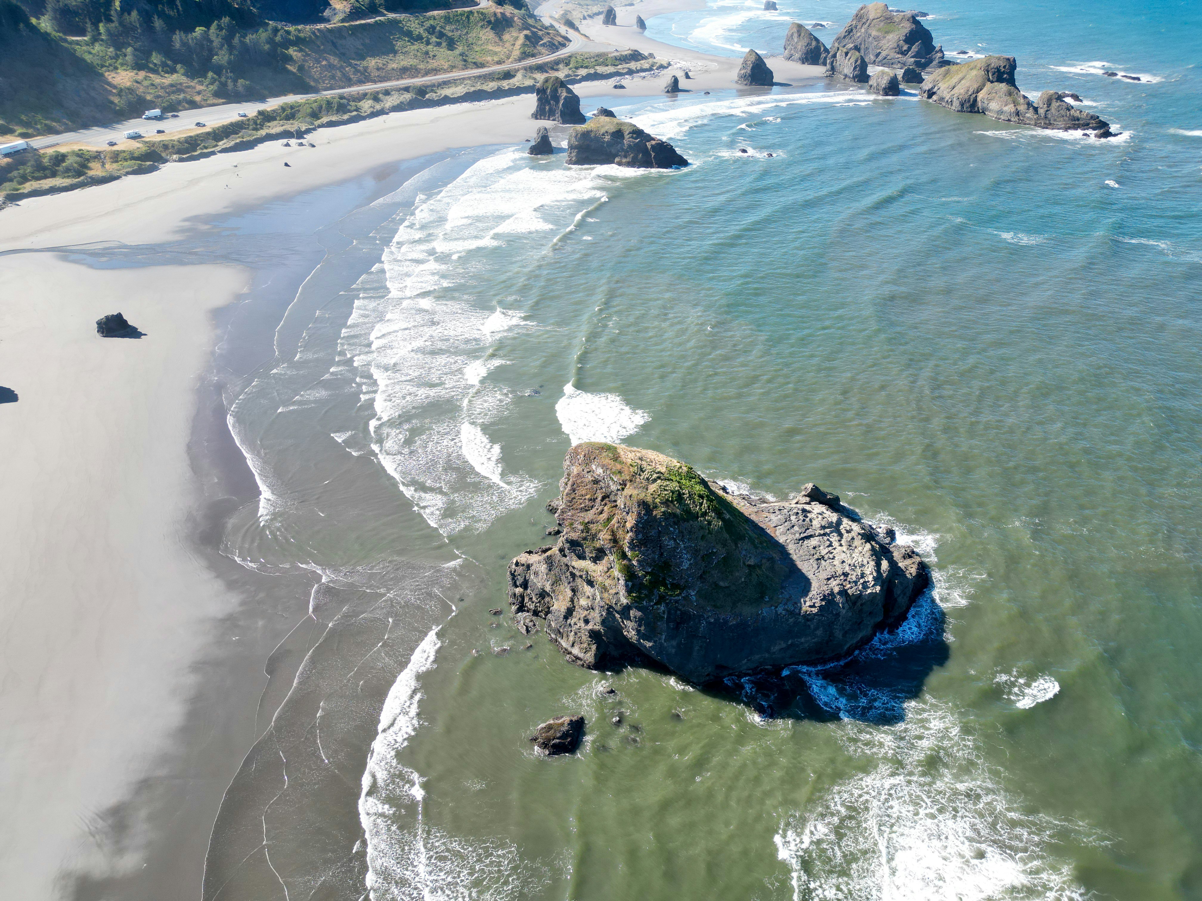An aerial view of a beach and ocean