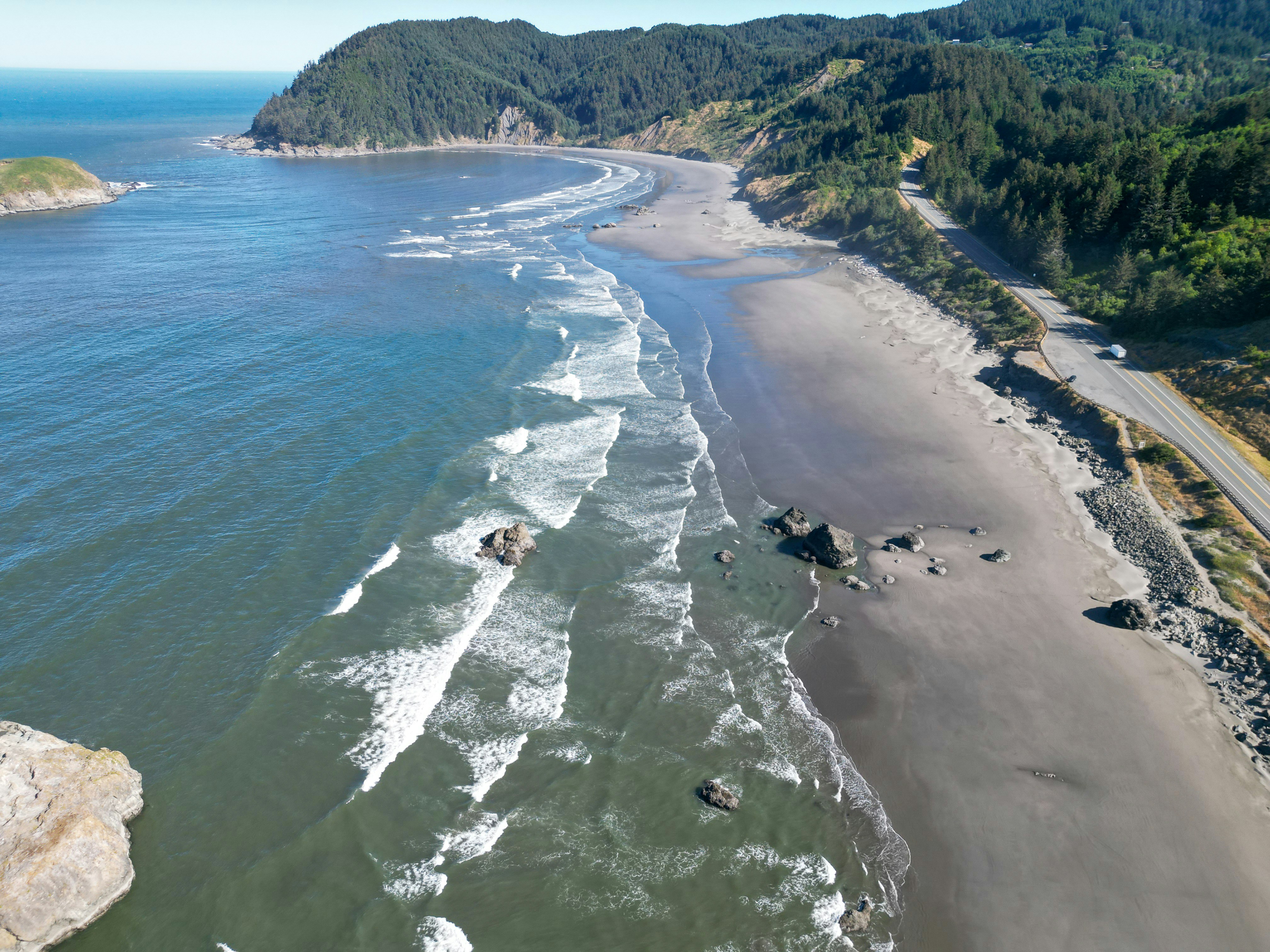 An aerial view of a beach and ocean