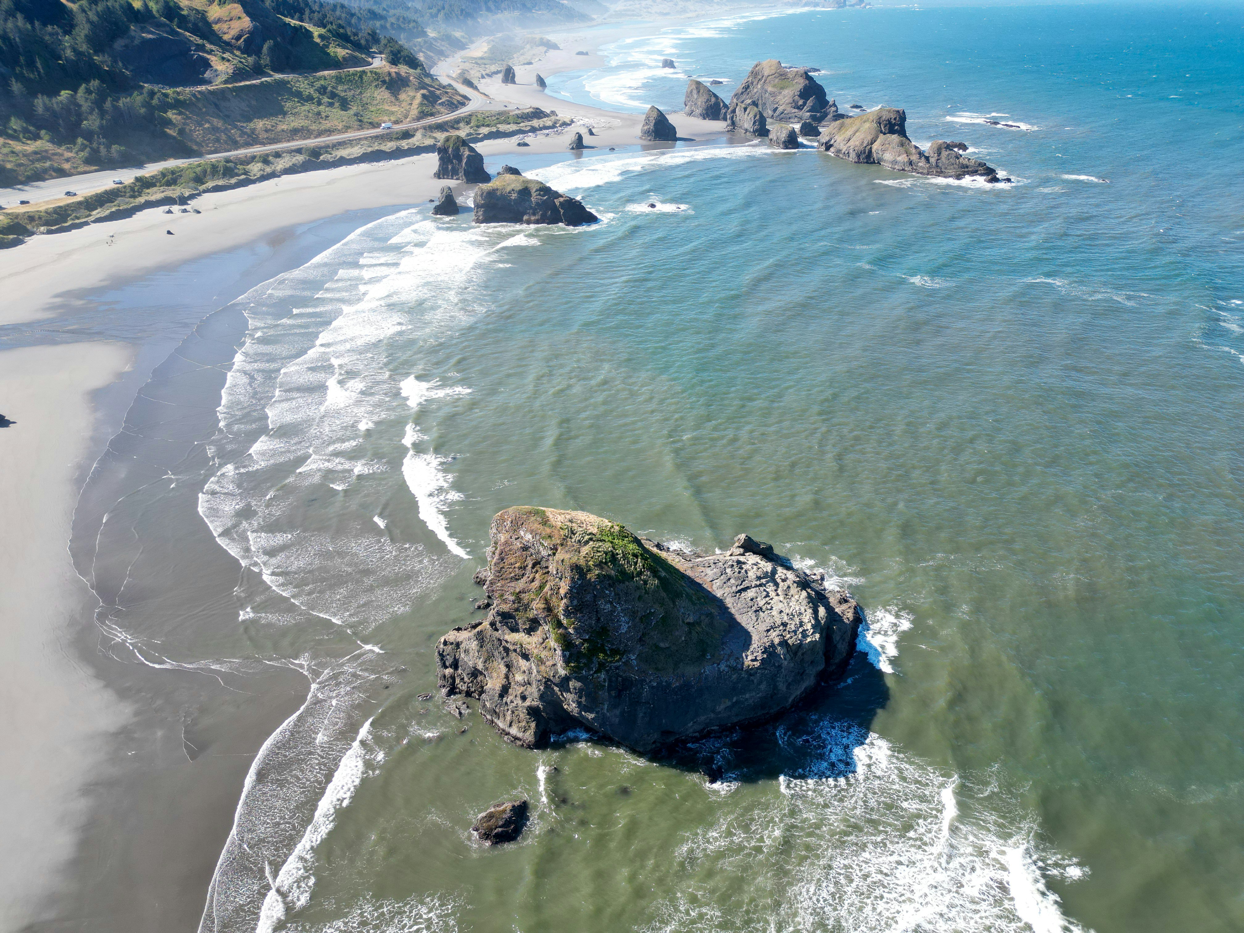A bird's eye view of a beach and ocean