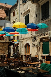 A bunch of umbrellas that are outside of a building