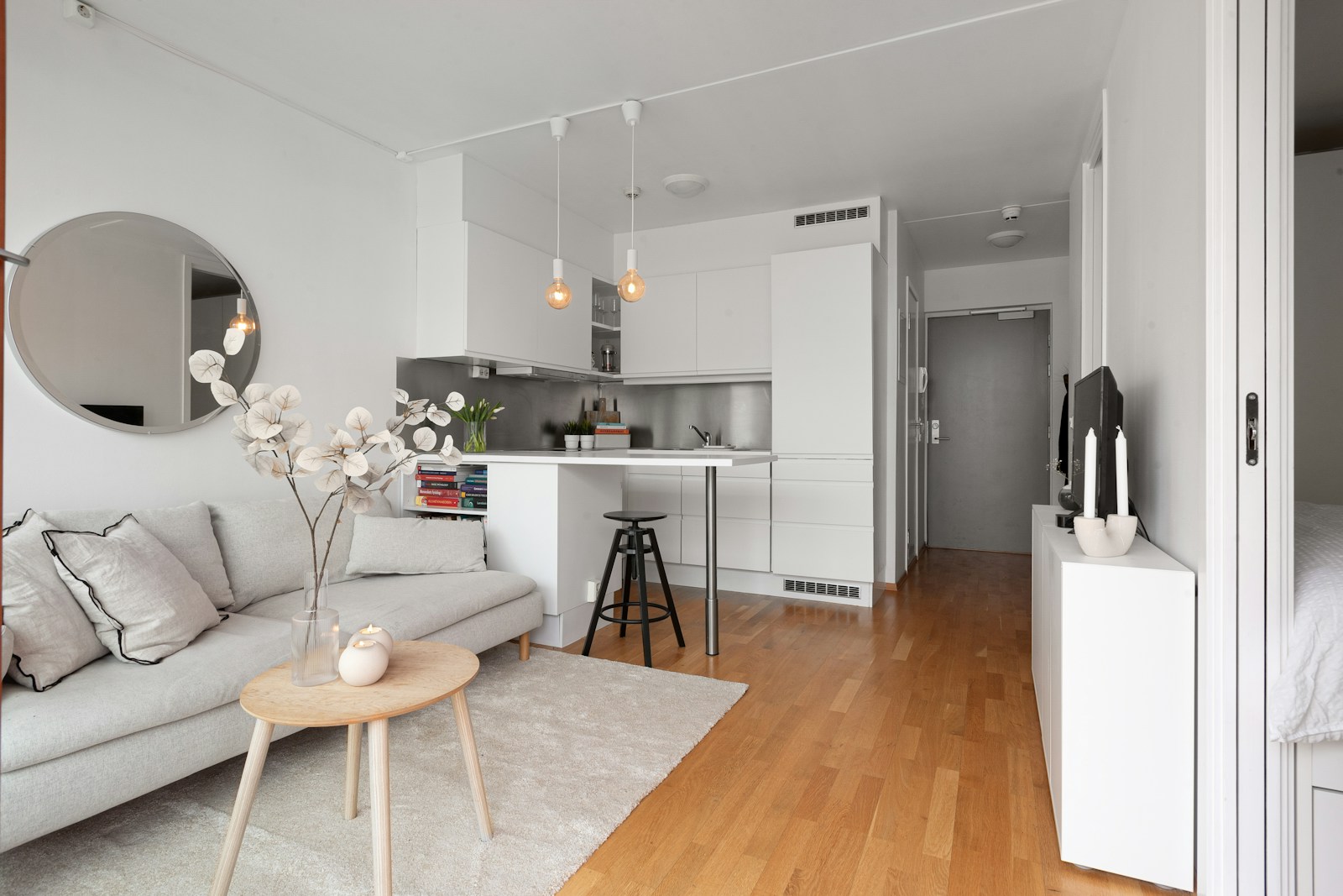 500 sq ft studio apartment view of compact kitchen sofa and hallway zones