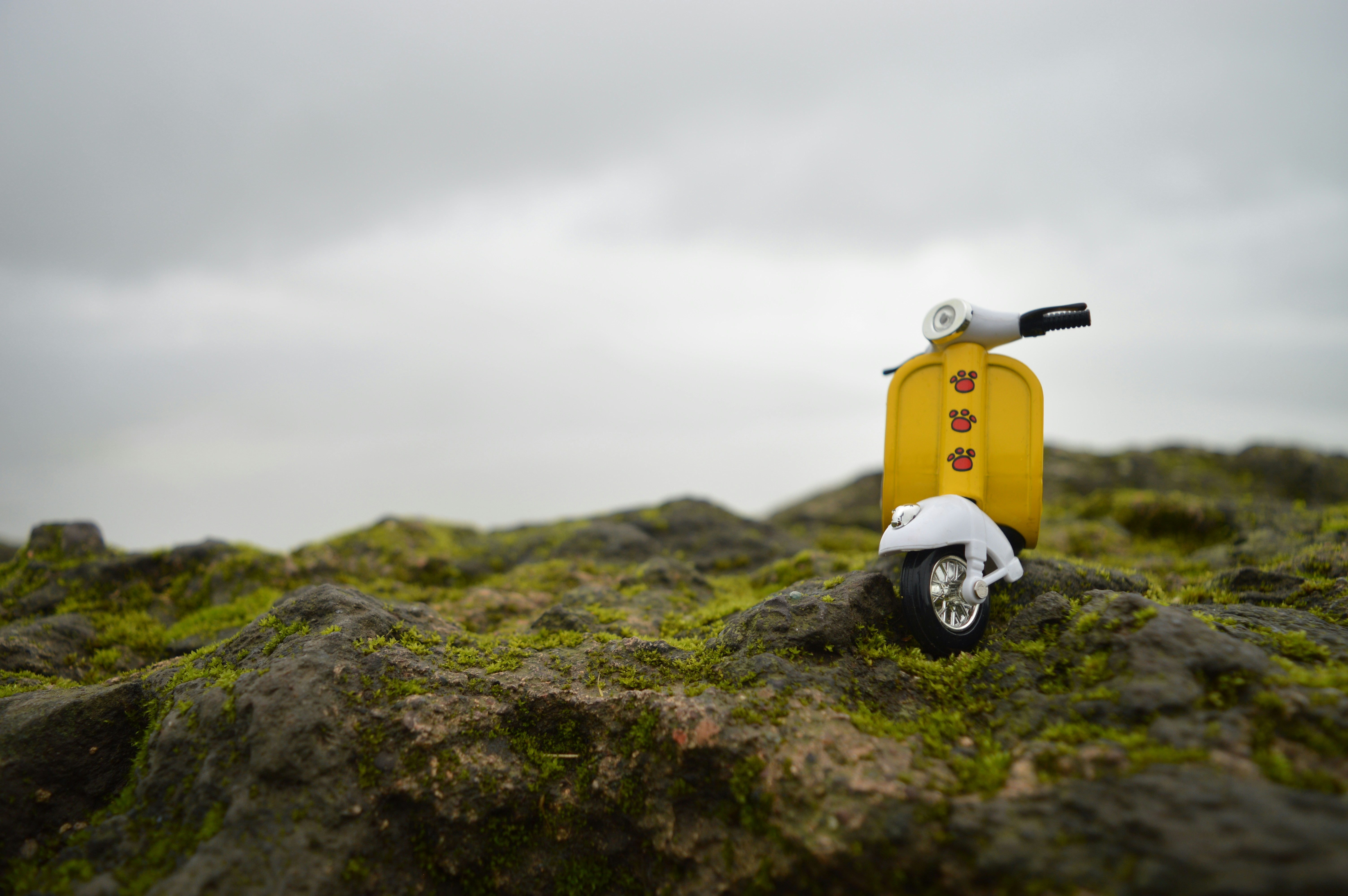 A yellow scooter sitting on top of a lush green hillside