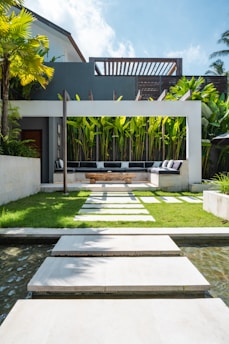 A modern house with a pool in front of it