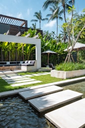 A modern house with a pool in the middle of it