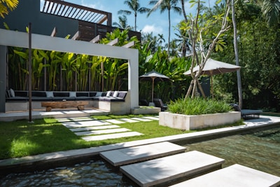A modern house with a pool and landscaping