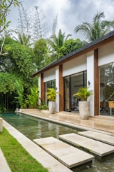 A house with a pool in front of it