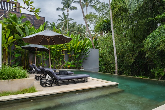 A pool with lounge chairs and umbrellas next to it