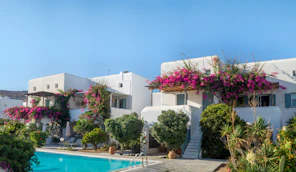 A house with a swimming pool in front of it