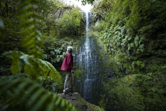 A man standing on a rock in front of a waterfall