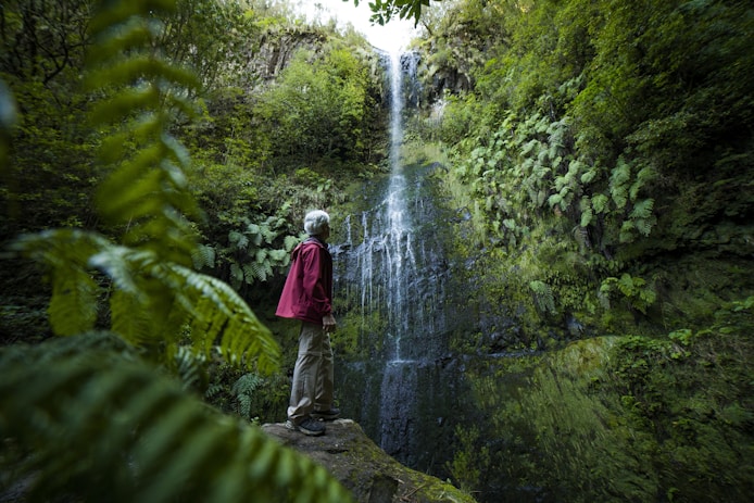 A man standing on a rock in front of a waterfall