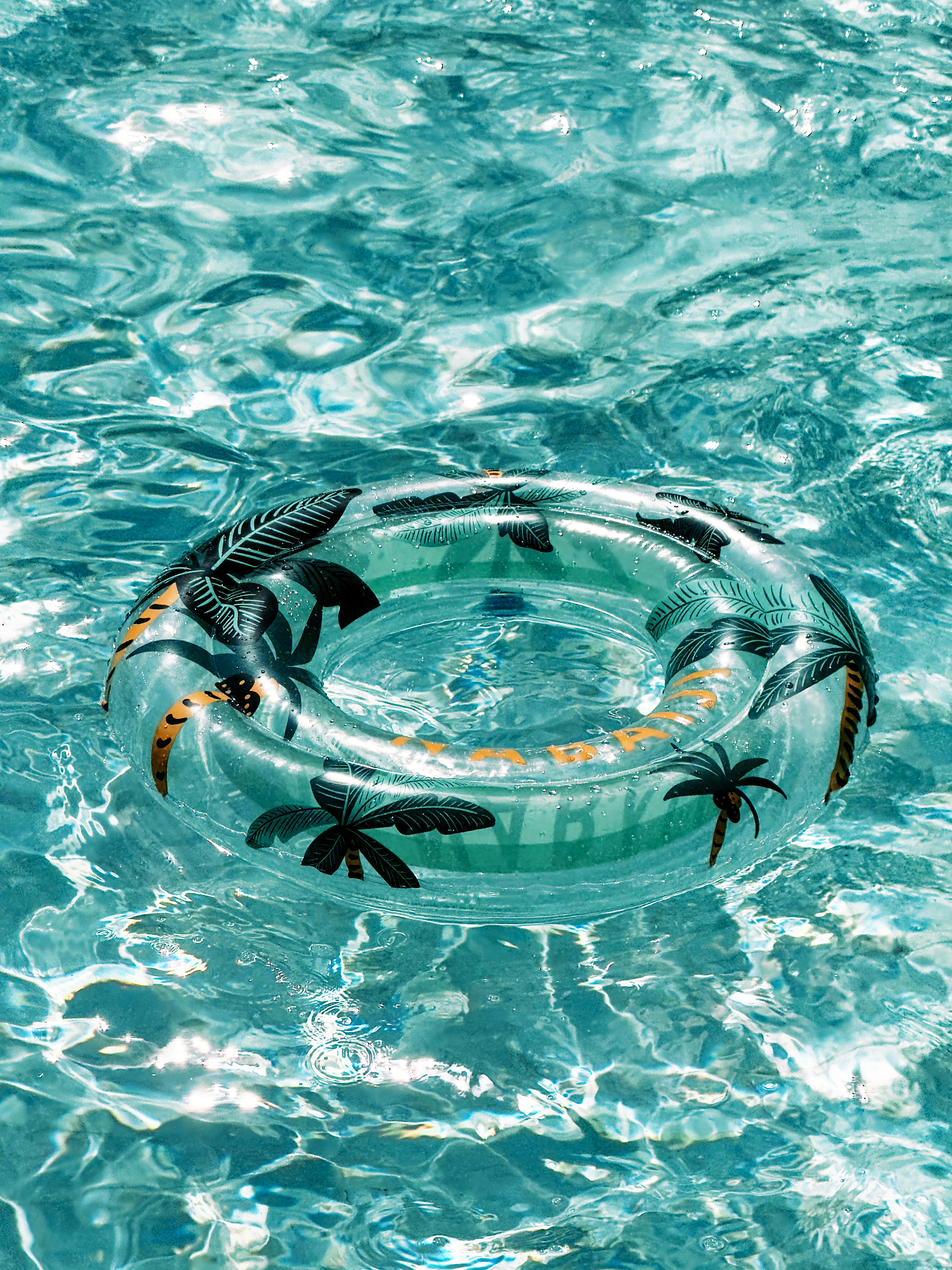 A life preserver floating in a pool of water