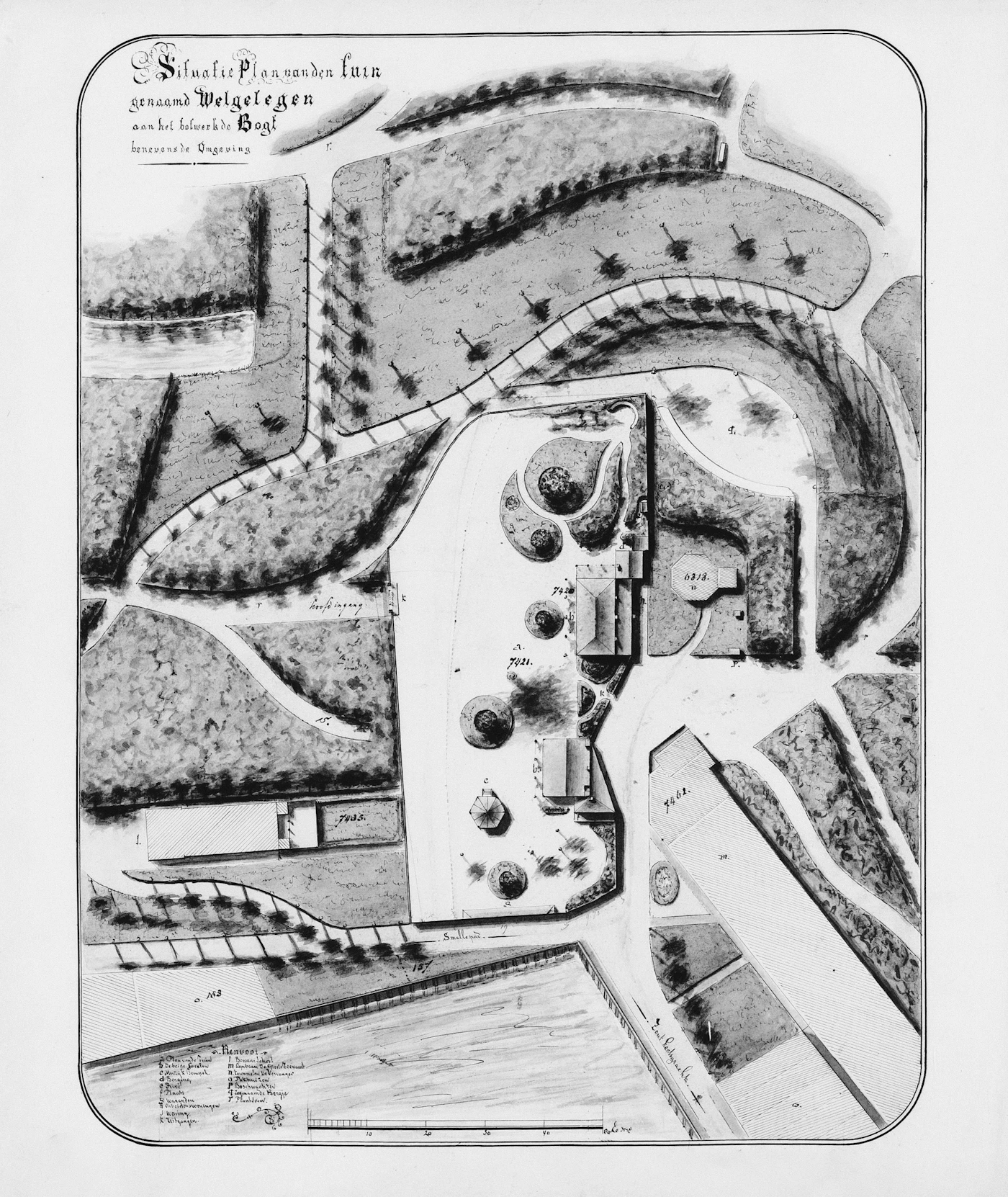 Historischer Gartenplan mit Wegen, Beeten und gegliederten Gartenräumen