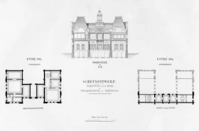 Architectural drawings of a building with elevations and floor plans