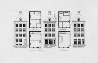 A black and white drawing of a four story building