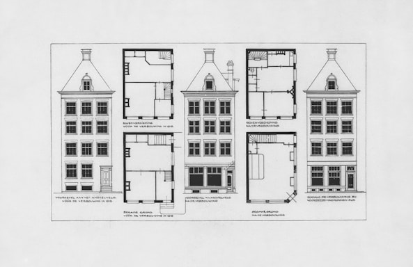 A black and white drawing of a four story building